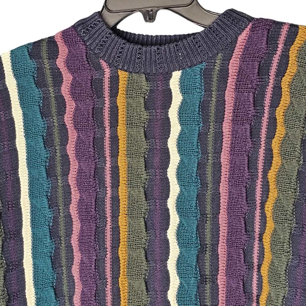 Y2K Structure 3D Multi-Colored Striped Crew Neck Cotton Size Mens L - Picture 10 of 10